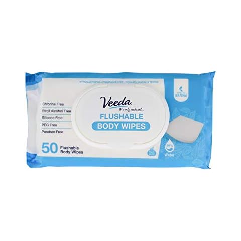 Veeda Natural Flushable Wipes for Adults - 50 Count, Hypoallergenic & pH Balanced Wet Wipes - Unscented Personal Cleansing Body Wipes Safe for Sensitive Skin - Toilet Wipes Cover