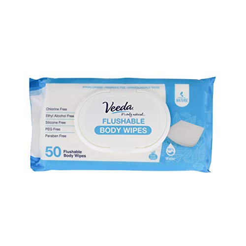 Veeda Natural Body Wipes, Ph Balanced, Hypoallergenic Flushable Body Wipes Safe For Sensitive Skin, 50 Count #TOP16