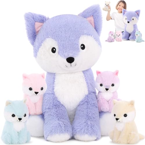 MaoGoLan Large Fox Plush Stuffed Animal, 5 Pcs Stuffed Foxes Plush Toy Set, 20 inches Purple Mama Fox Toy with Babies for Kids
