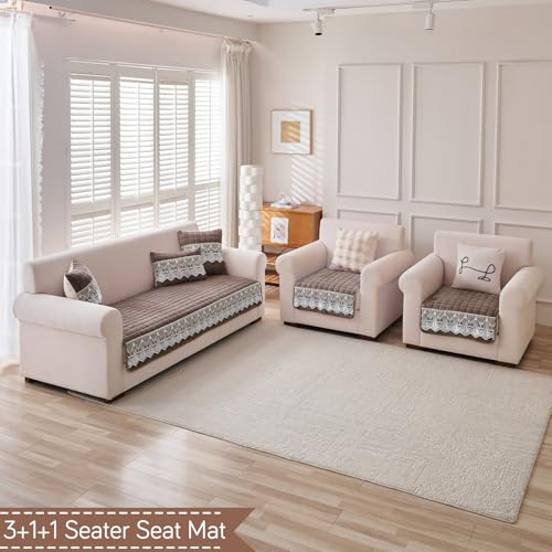 Image of HOKIPO 'BelleLace Series' Imperial Milk Velvet 5 Seater Set (3+1+1) Sofa Cover Mat for 311 Seater Sofa, Lace Design, Mocha Brown (AR-5966+5962 * 2-BRN)