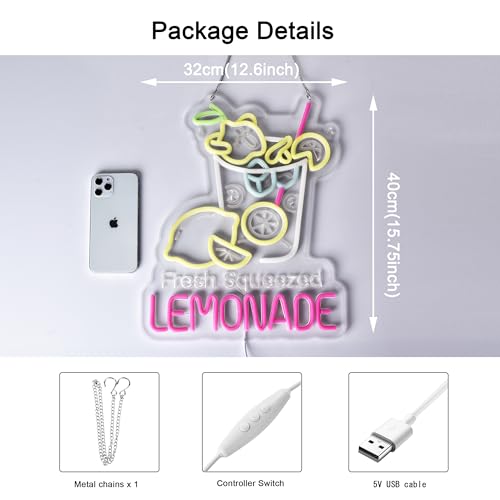 Image of Lemonade Neon Sign, Neon Lights Hanging Wall Art Decoration for Restaturant Shop Food Truck Market Bakeries Cafe Celebration Home Decor, USB Powered Ultra Bright Dimmable,15.75 * 12.6inches
