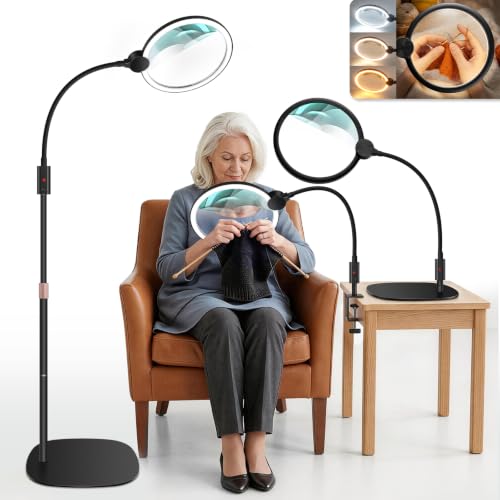 7 Inch Extra Large Magnifying Glass with Light and Stand 3-in-1 Floor Magnifying Glass with Light 10X Rechargeable Magnifying Floor Lamp with 64 LED Lights and 3 Color Mode for Reading Close Work
