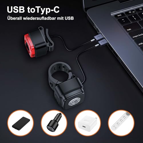 OnMeto Fahrradlicht Set, IPX5 Wasserdicht Frontfahrrad Lampe Rücklicht Fahrrad licht Set，USB Type-C Wiederaufladbares Fahrradleuchten Set für Fahrrad (Schwarz)