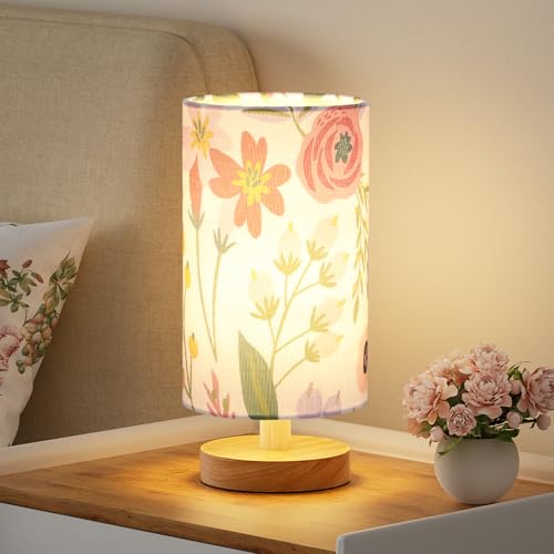 Image of Fenmzee Floral Table Lamp for Bedroom - Inline Control, Small Bedside Lamp with 3000K A15 LED Blub, Easy Assembly (Floral White Shade, 9 inch Inline Control)