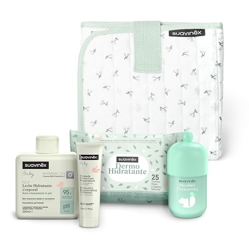 Suavinex, Canastilla - Cambiador Bebé de Tela, Incluye: Baby Cologne Memories 100 ml + Pomada Protectora Reparadora 30 ml + Leche Hidratante Corporal 300 ml + Toallitas Dermohidratantes 25 uds, Verde