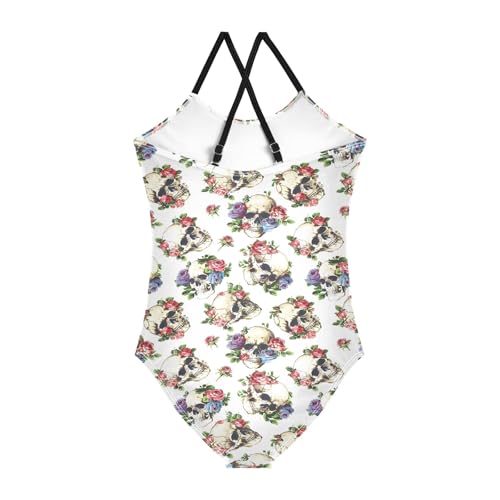 senya Girls Swimsuits One-Piece Swimwear Tie Bathing Suit Beach Summer Round Neck 9-10T Skulls with Roses Pattern2