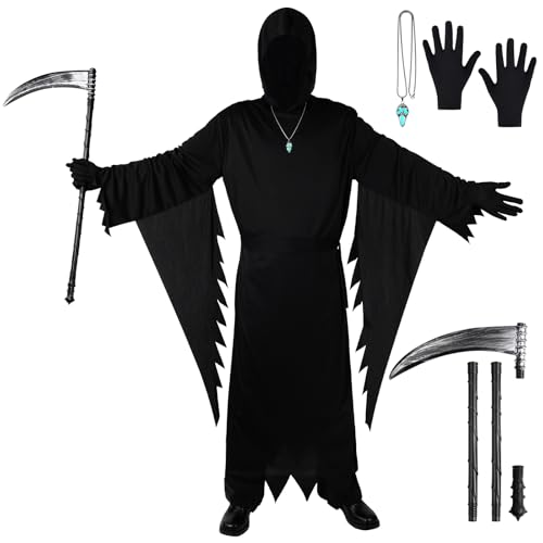 BSBUY Disfarce de terror e fantasma para adultos, disfarce de ceifeiro com foice da morte e máscara e colar de grito luminoso, para cosplay de Scream de carnaval de Halloween, a, M