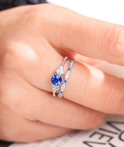 Created Round Cut Sapphire Wedding Rings Set For Women, Marquise CZ Engagement Rings For Women, Rhodium-Plated Copper Blue CZ Promise Ring, Simulated Diamond Anniversary Rings for Size 6-104