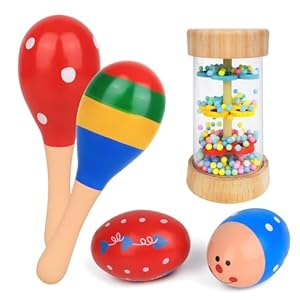 Wooden Baby Toys – 5PCS Mini Wooden Maracas Egg Shaker and Rain Stick Rattles Musical Toys for Babies Over 6 Months, Shaker Sand Hammer Musical Instruments Toys for 1+ Year Old Toddlers