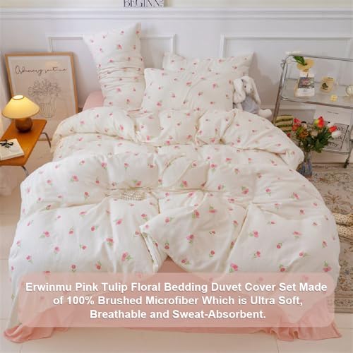 Image of Duvet Cover Set King Size,White Pink Floral Bedding Duvet Cover with Tulip Pattern,Soft Microfiber Comforter Cover with Zipper Closure and 2 Pillow Shams