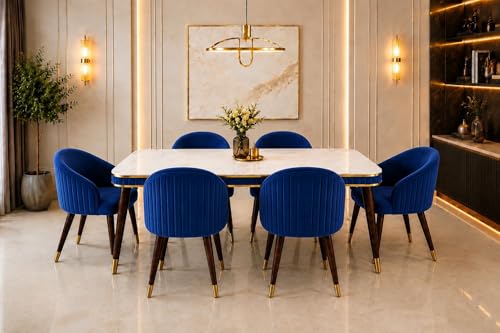 Image of WOODEN SPACE 6-Seater Wooden Dining Table Set | Nano Composite Marble Top | Solid Wood Base | Modern Dining Room Furniture with 6 Chairs (Navy Blue)