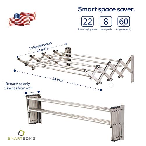 Smartsome Space Saver Fold Away Racks: Stainless Steel Wall Mounted Laundry Drying Rack, Easy To Install - 8 34" Rods, Total: 22.5 Linear Ft, 60 Lb Capacity- Indoor And Outdoor Use #TOP1