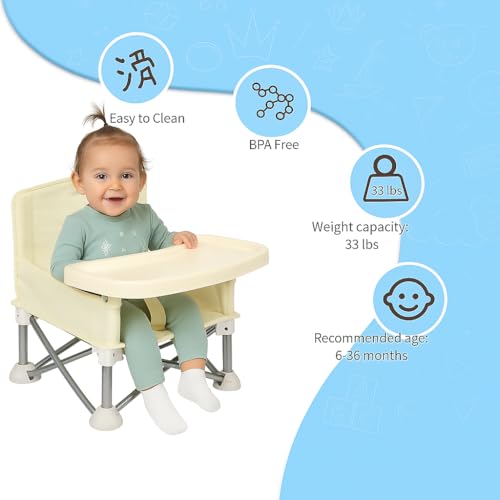 Image of Portable Baby Chair with Removable Tray - Folding Booster Seat for Toddlers 6 Months to 3 Years, Lightweight Travel Highchair for Camping, Beach, Outdoor & Dining Table Use Beige (Beige)
