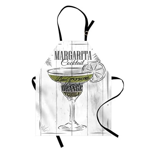 Ambesonne Cocktail Apron, Ingredients of Margarita Sketch Lime Juice Liqueur Orange and Tequila, Unisex Kitchen Bib Apron with Adjustable Neck for Cooking Baking Gardening, Grey White Apple Green