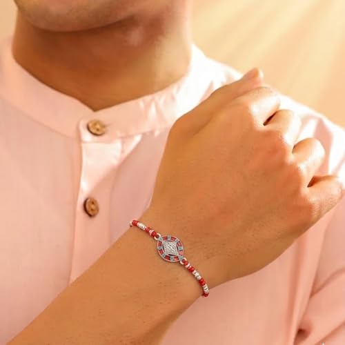 Image of Peora Rakhshabandhan Thread Rakhi for Brother Bhaiya | Kundan Beads & Crystal Studded | Combo Set of 2 | Rakhi Hamper Roli Chawal & Greeting Card