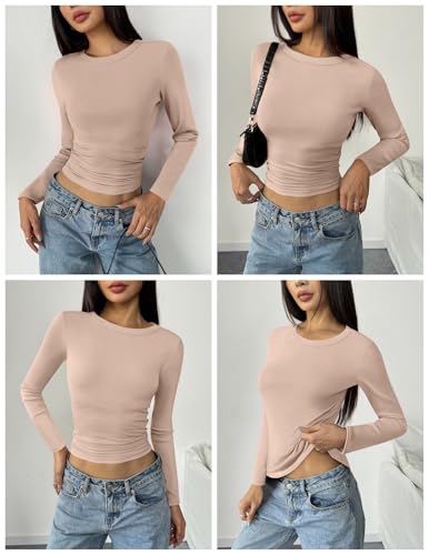 Zeagoo Camiseta de Manga Larga T Shirt para Mujer Casual Canale Top Elegantes con Cuello Redondo Camisetas Casual Básico Sólido Top para Otoño e Invierno Marrón Claro M