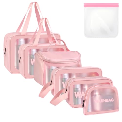 Aucuu 6PCS Clear Toiletry Bag, Wash Bag, Clear PU Makeup Bags, Waterproof Toiletry Travel Bags with Zipper Handle