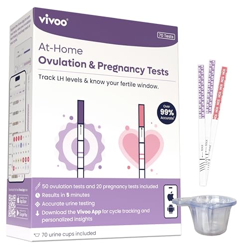 Image of Vivoo Ovulation and Pregnancy Test Strips Kit - 50 LH Ovulation Tests + 20 HCG Pregnancy Tests + 70 Cups | 99.1% Accurate | 5-Min Results | Free App Cycle Tracker
