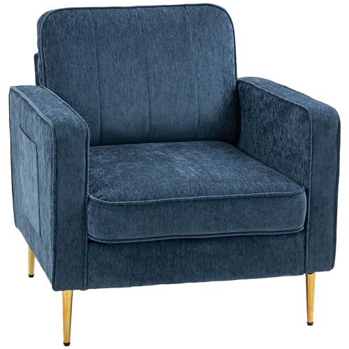 HOMCOM Fauteuil de Salon avec Pieds en Acier doré,Canapé 1 Place Confortable, Pochettes latérales, pour Salon, Bureau, Chambre, Bleu