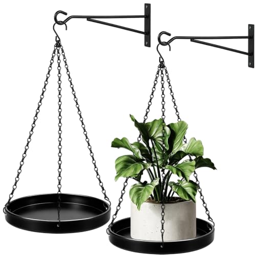 2 Pack Metal Plant Hanger Indoor Outdoor, Hanging Planter Holder with Tray