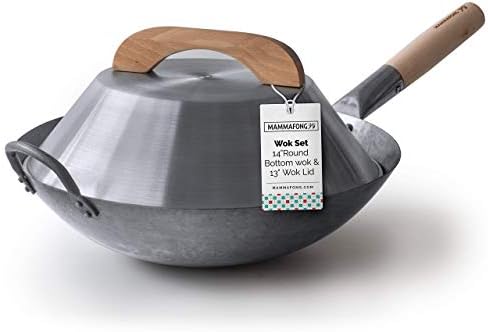Mammafong Round Bottom Wok with lid, Hand Hammered Wok Set, 14" Carbon steel Wok and wok cover - Thumbnail 2