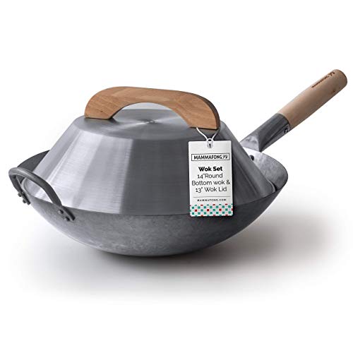 Wok con fondo redondo y tapa, acero al carbono 14" miniatura 1