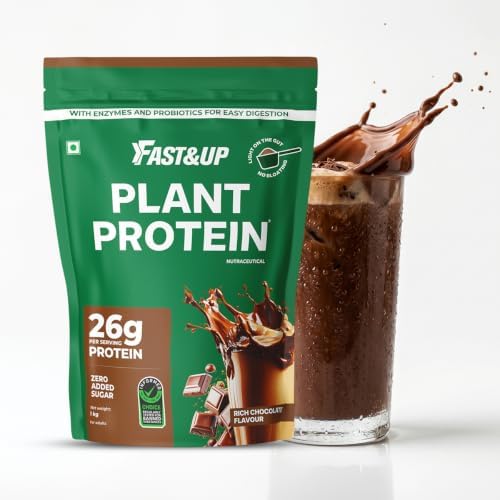 Fast&Up Plant Protein Powder with Rich Chocolate Flavour | Pea Isolate & Rice Protein | 26gm Protein Per Serve | Complete Amino Acids with 4.6g BCAA | Smooth & Tasty with No Added Sugar | Easy to Digest | Tested & Certified, 1kg Pouch