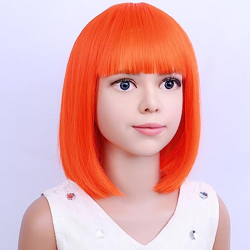 Image of PATTNIUM Kids Orange Wig Orange Bob Wig for Girls Colored Wigs Cosplay Party Synthetic Daily Wear Children Wigs