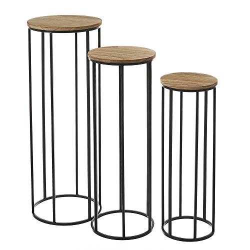 LOLAhome Set de 3 Soportes para Plantas de Madera de paulonia Natural y Metal Negro