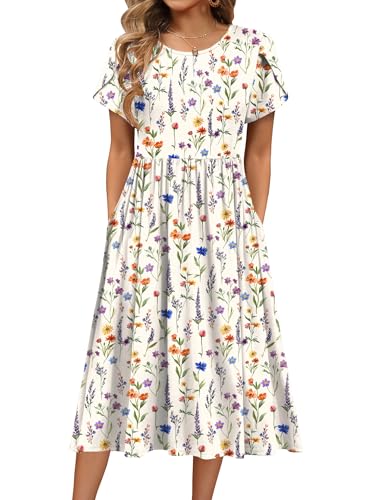 Image of HOTOUCH Women's Summer A-Line Midi Dresses 2026 Casual Floral Short Sleeve T-Shirt Dress Flowy Beach Sundress with Pockets