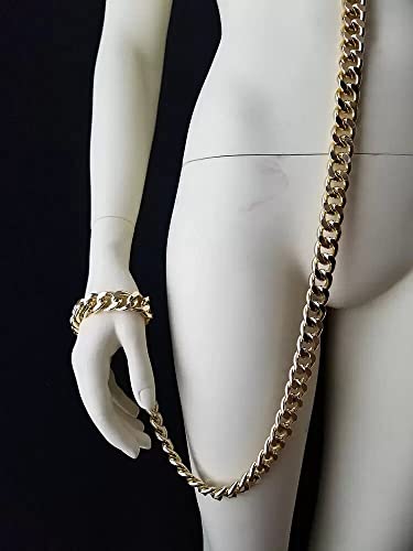 Colar e Coleira Guia Com Algema Para Punhos Correntes Dourada