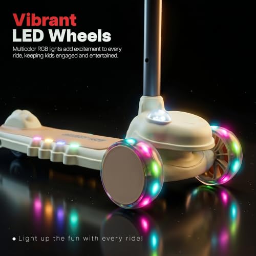 Image of Baybee Vector Baby Premium Kick Scooter for Kids with 4 Height Adjustable | Foldable Kids Scooter with RGB Light, Music | Skate Scooters with Rear Brake | Runner Scooters for Kid 2 to 10 Years (Beige)