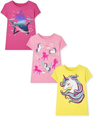 The Children's Place Girls Short Sleeve Graphic T-Shirts, Multipacks, Unicorn/Rainbow/Star-3 Pack, M...