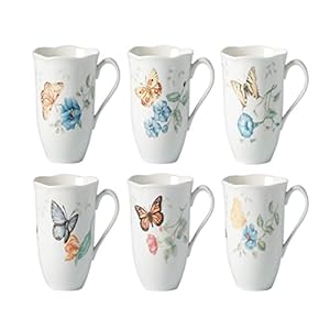 Lenox Porcelain Butterfly Meadow Mug Set, 6-Piece, 12 oz, White, Dishwasher & Microwave Safe