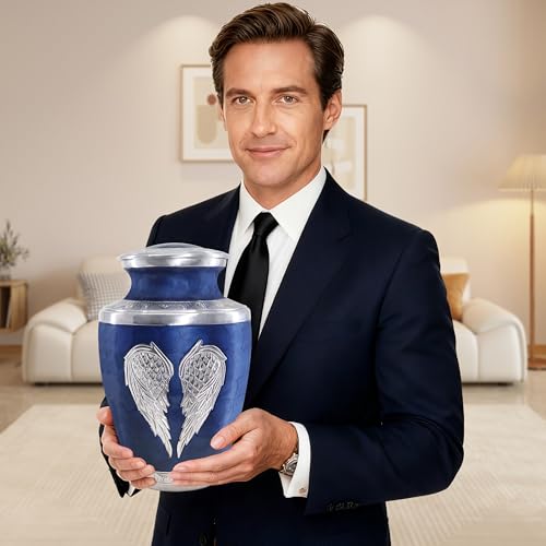 M MEILINXU Urns for Human Ashes Adult Man & Women, Cremation Urn for Ashes Adult Male & Female, Burial Urn, Decorative Urns for Funeral, Silver Engraved Angel Wings, Dark Blue and Silvery - Large - Thumbnail 3