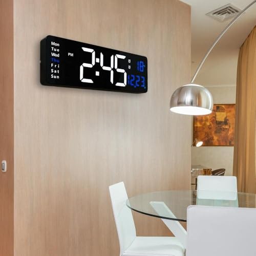Image of 15-Inch Digital Wall Clock with Large LED Display - Remote Control, Auto-Dimming, Night Light, Date, Day, Temperature, DST Function - Ideal for Living Room, Bedroom (White & Blue)