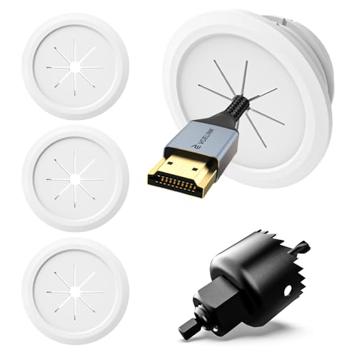 VCELINK TV Cord Hider for Wall Mounted TV 2.36 (60 mm) Mini White Cable Management Kit Hides TV Wires- Push Type 4 Pack Wall Cord Pass Throughs and 1 Hole Saw Drill- Ideal for Mounted TVs Desks