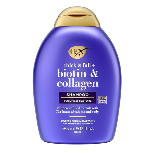 OGX Thick & Full + Biotin & Collagen Volumizing Shampoo, Nutrient-Infused Hair Shampoo with Vitamin B7 Biotin Gives Hair Volume & Body for 72+ Hours, Sulfate-Free Surfactants, 13 fl. oz