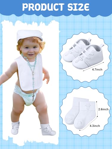 5 Pcs Baptism Gifts for Baby Boys Include White Embroidered Cross Bib Christening Socks Shoes Baptism Hat and Rosary christening outfits for Boys Toddler Infant First Communion Gift2