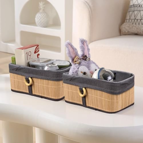Image of LUXE HOME INTERNATIONAL Storage Basket Stripe Bamboo Box Eco-Friendly, Foldable & Lightweight Organizer Beige 33x23x14 cm Pack of 2