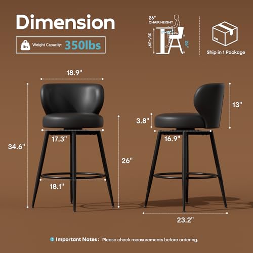 Image of 26 inch Black Bar Stools Set of 2, Swivel Kitchen Island Chairs