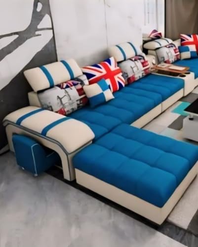 Image of Torque Galster 12 Seater Sofa Set for Living Room (Blue) | Interchangeable U Shape Sectional Sofa with Cup Holder & Storage | Solid Wood Frame & High-Density Supersoft Foam | Includes Puffy & Stool