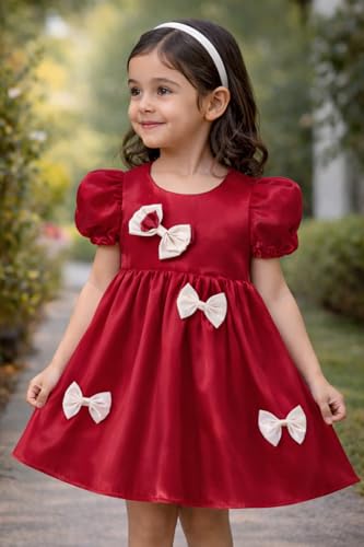 Image of Buy & Try Girls Silk Party Dress, Floral Printed Knee Length Frock with Short Sleeves, Comfortable Fit & Zipper Closure, Elegant Birthday, Wedding, Festival & Special Occasion Wear for Kids