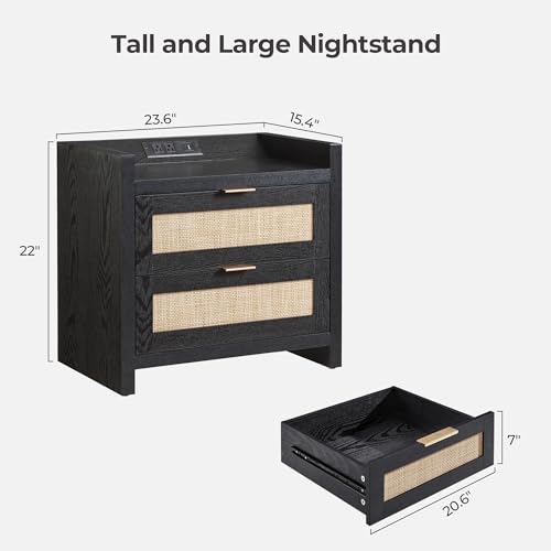 Image of SICOTAS Black Nightstands Set of 2 Bed Side Table - Boho Night Stand End Table with Type-C Charging Station, 2 Rattan Decor Drawers Storage Cabinet Night Stands for Bedroom, Black Oak