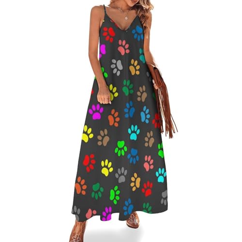 Robe longue pour femme ete sans manches au motif empreintes colorees