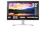 LG UHD IPS Monitor 32” UHD (3840 x 2160) Display, DCI-P3 95% Color Gamut, 3-Side Virtually Borderless Display, Height/Tilt Adjustable Stand, Built-in Speaker, 32UN650K-W, White