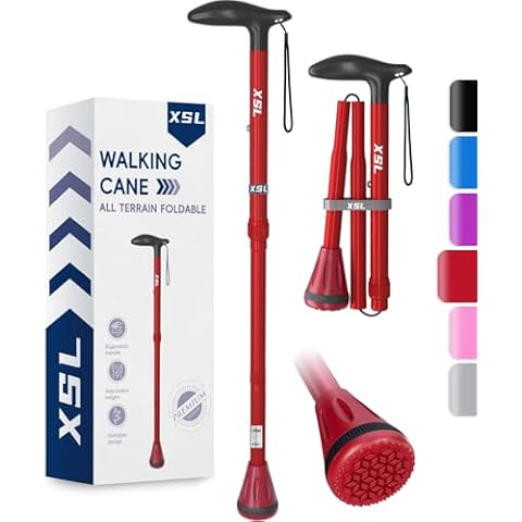 XSL Walking Cane - Foldable, Adjustable, Collapsible Walking Canes for Men & Women, Heavy Duty All Terrain Tip, with Travel Bag | Portable Walking Sticks for Seniors & Adults (Red) Cover