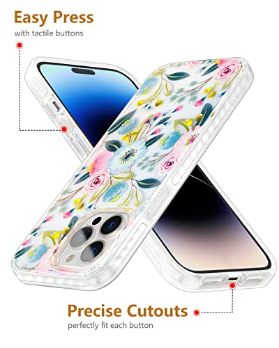 Scorpify Iphone 14 Pro Case For Hibiscus Floral Design, Cute Flower Shockproof Phone Cover For Women Girls, With Tempered Glass Screen Protector+Camera Lens Protector, Stylish Gold Spring Blossom Gift #TOP6