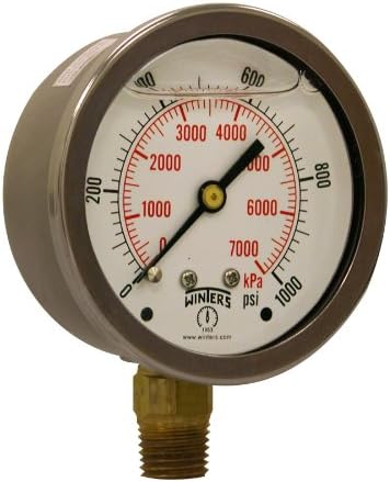 Winters PFQ Series Stainless Steel 304 Dual Scale Liquid Filled Pressure Gauge with Brass Internals, 0-1000 psi/kpa,2-1/2" Dial Display, +/-1.5% Accuracy, 1/4" NPT Bottom Mount