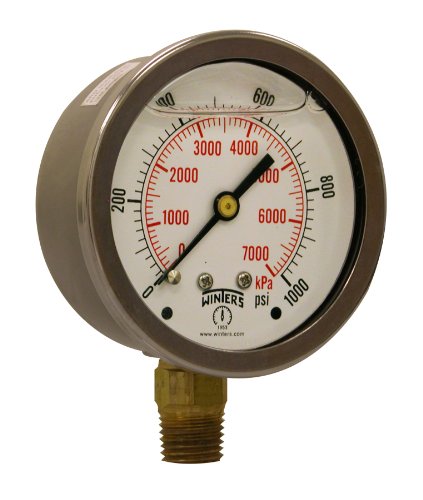 Winters PFQ Series Stainless Steel 304 Dual Scale Liquid Filled Pressure Gauge with Brass Internals, 0-1000 psi/kpa,2-1/2" Dial Display, +/-1.5% Accuracy, 1/4" NPT Bottom Mount
